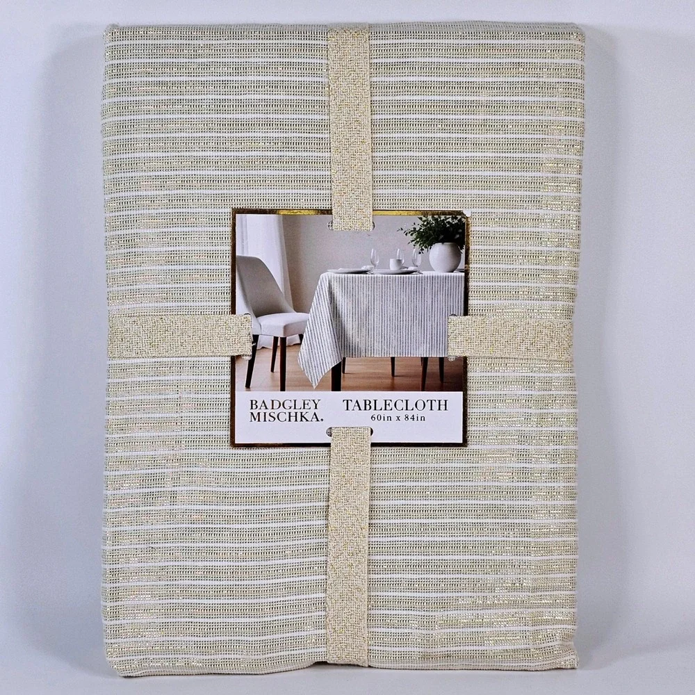 New Badgley Mischka Tablecloth 60x84 Rectangular Gold Ivory Metallic Striped